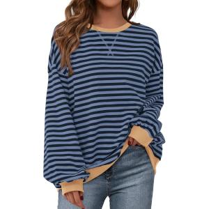 BTFBM Womens Oversized Striped Sweatshirt Crewneck Long Sleeve Pullover Top Casual Y2K Spring Clothes 2026 Workout Shirt(Blue Navy)
