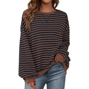 BTFBM Womens Oversized Striped Sweatshirt Crewneck Long Sleeve Pullover Top Casual Y2K Spring Clothes 2026 Workout Shirt(Brown Navy)