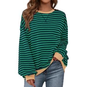 BTFBM Womens Oversized Striped Sweatshirt Crewneck Long Sleeve Pullover Top Casual Y2K Spring Clothes 2026 Workout Shirt(Green Navy)