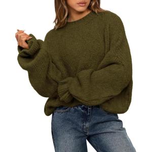 BTFBM Women’s Oversized Sweater Crewneck 2025 Fall Winter Long Sleeve Fuzzy Warm Knit Pullover Sweaters Trendy Outfits(Army Green)