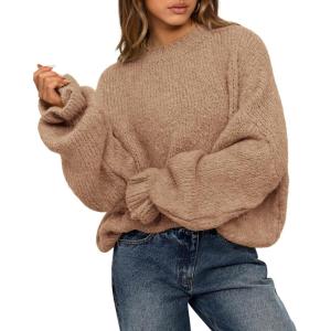 BTFBM Women’s Oversized Sweater Crewneck 2025 Fall Winter Long Sleeve Fuzzy Warm Knit Pullover Sweaters Trendy Outfits(Camel)