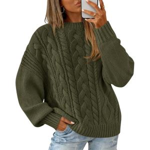 BTFBM Women’s Oversized Sweaters 2025 Batwing Long Sleeve Cable Knit Crewneck Pullover Tops Fall Outfits Winter Clothing(Army Green)