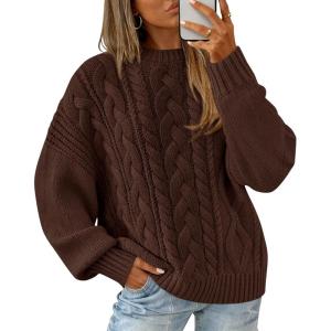 BTFBM Women’s Oversized Sweaters 2025 Batwing Long Sleeve Cable Knit Crewneck Pullover Tops Fall Outfits Winter Clothing(Brown)