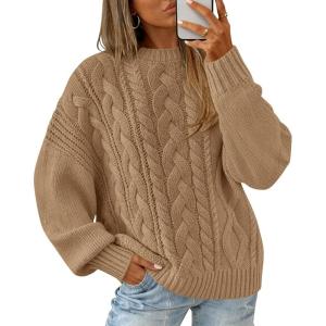 BTFBM Women’s Oversized Sweaters 2025 Batwing Long Sleeve Cable Knit Crewneck Pullover Tops Fall Outfits Winter Clothing(Khaki)