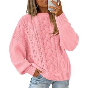 BTFBM Women’s Oversized Sweaters 2025 Batwing Long Sleeve Cable Knit Crewneck Pullover Tops Fall Outfits Winter Clothing(Pink)