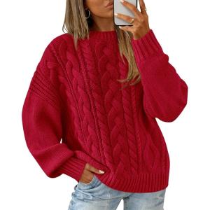 BTFBM Women’s Oversized Sweaters 2025 Batwing Long Sleeve Cable Knit Crewneck Pullover Tops Fall Outfits Winter Clothing(Red)