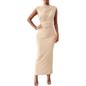 BTFBM Women’s Ruched Bodycon Dress Summer Casual Sleeveless Lightweight Back Slit Elegant Club Party Cocktail Maxi Dresses(Beige)