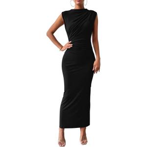 BTFBM Women’s Ruched Bodycon Dress Summer Casual Sleeveless Lightweight Back Slit Elegant Club Party Cocktail Maxi Dresses(Black)