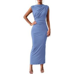 BTFBM Women’s Ruched Bodycon Dress Summer Casual Sleeveless Lightweight Back Slit Elegant Club Party Cocktail Maxi Dresses(Blue)