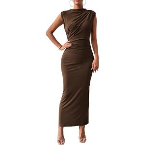 BTFBM Women’s Ruched Bodycon Dress Summer Casual Sleeveless Lightweight Back Slit Elegant Club Party Cocktail Maxi Dresses(Coffee)