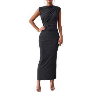 BTFBM Women’s Ruched Bodycon Dress Summer Casual Sleeveless Lightweight Back Slit Elegant Club Party Cocktail Maxi Dresses(Dark Grey)