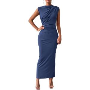 BTFBM Women’s Ruched Bodycon Dress Summer Casual Sleeveless Lightweight Back Slit Elegant Club Party Cocktail Maxi Dresses(Dark Grey Blue)