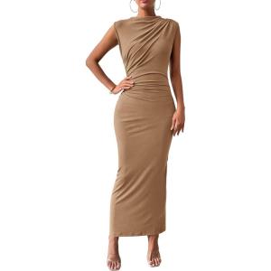 BTFBM Women’s Ruched Bodycon Dress Summer Casual Sleeveless Lightweight Back Slit Elegant Club Party Cocktail Maxi Dresses(Dark Khaki)