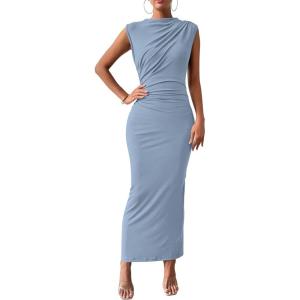 BTFBM Women’s Ruched Bodycon Dress Summer Casual Sleeveless Lightweight Back Slit Elegant Club Party Cocktail Maxi Dresses(Light Blue)