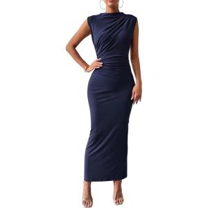 BTFBM Women’s Ruched Bodycon Dress Summer Casual Sleeveless Lightweight Back Slit Elegant Club Party Cocktail Maxi Dresses(Navy)
