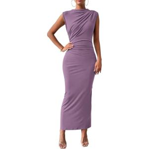 BTFBM Women’s Ruched Bodycon Dress Summer Casual Sleeveless Lightweight Back Slit Elegant Club Party Cocktail Maxi Dresses(Purple)