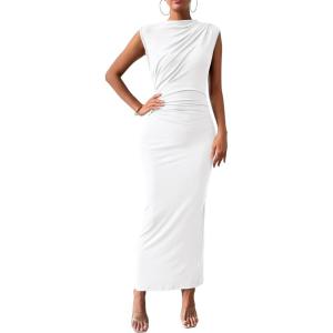 BTFBM Women’s Ruched Bodycon Dress Summer Casual Sleeveless Lightweight Back Slit Elegant Club Party Cocktail Maxi Dresses(White)