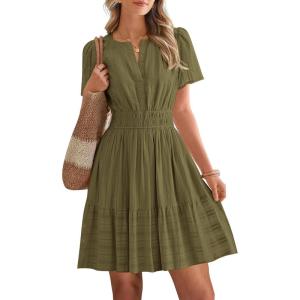 BTFBM Womens Spring 2026 Casual Mini Dresses Lightweight Short Sleeve V Neck Elastic Waist Cute Boho Beach Dress Pockets(Army Green)