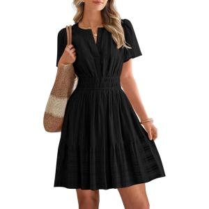 BTFBM Womens Spring 2026 Casual Mini Dresses Lightweight Short Sleeve V Neck Elastic Waist Cute Boho Beach Dress Pockets(Black)