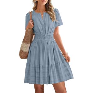 BTFBM Womens Spring 2026 Casual Mini Dresses Lightweight Short Sleeve V Neck Elastic Waist Cute Boho Beach Dress Pockets(Blue Grey)