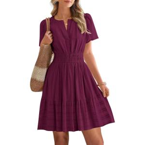 BTFBM Womens Spring 2026 Casual Mini Dresses Lightweight Short Sleeve V Neck Elastic Waist Cute Boho Beach Dress Pockets(Burgundy)