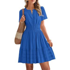 BTFBM Womens Spring 2026 Casual Mini Dresses Lightweight Short Sleeve V Neck Elastic Waist Cute Boho Beach Dress Pockets(Royal Blue)