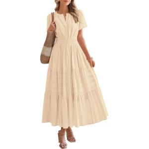 BTFBM Womens Summer 2025 Casual Midi Maxi Dresses Lightweight Short Sleeve V Neck Elastic Waist Boho Beach Dress Pockets(Apricot)