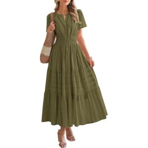BTFBM Womens Summer 2025 Casual Midi Maxi Dresses Lightweight Short Sleeve V Neck Elastic Waist Boho Beach Dress Pockets(Army Green)