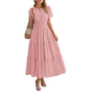 BTFBM Womens Summer 2025 Casual Midi Maxi Dresses Lightweight Short Sleeve V Neck Elastic Waist Boho Beach Dress Pockets(Bean Paste Pink)