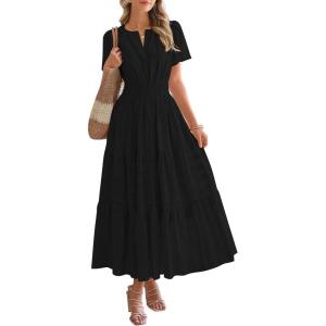 BTFBM Womens Summer 2025 Casual Midi Maxi Dresses Lightweight Short Sleeve V Neck Elastic Waist Boho Beach Dress Pockets(Black)