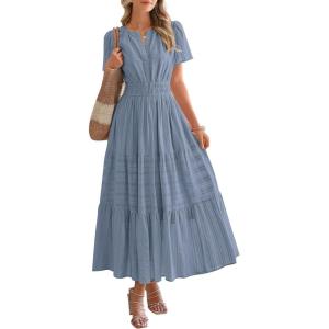 BTFBM Womens Summer 2025 Casual Midi Maxi Dresses Lightweight Short Sleeve V Neck Elastic Waist Boho Beach Dress Pockets(Blue Grey)