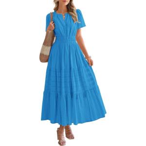 BTFBM Womens Summer 2025 Casual Midi Maxi Dresses Lightweight Short Sleeve V Neck Elastic Waist Boho Beach Dress Pockets(Brilliant Blue)