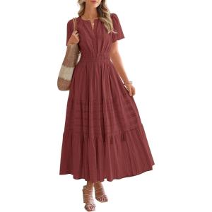 BTFBM Womens Summer 2025 Casual Midi Maxi Dresses Lightweight Short Sleeve V Neck Elastic Waist Boho Beach Dress Pockets(Brown Red)