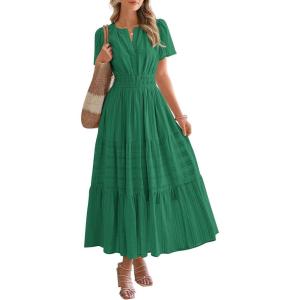 BTFBM Womens Summer 2025 Casual Midi Maxi Dresses Lightweight Short Sleeve V Neck Elastic Waist Boho Beach Dress Pockets(Dark Green)