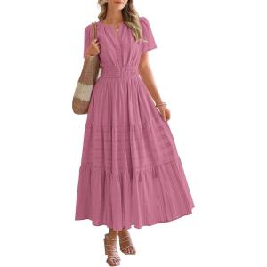 BTFBM Womens Summer 2025 Casual Midi Maxi Dresses Lightweight Short Sleeve V Neck Elastic Waist Boho Beach Dress Pockets(Dusty Pink)