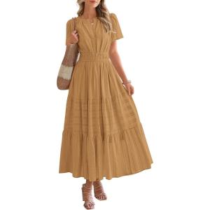 BTFBM Womens Summer 2025 Casual Midi Maxi Dresses Lightweight Short Sleeve V Neck Elastic Waist Boho Beach Dress Pockets(Khaki)
