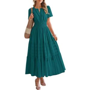 BTFBM Womens Summer 2025 Casual Midi Maxi Dresses Lightweight Short Sleeve V Neck Elastic Waist Boho Beach Dress Pockets(Malachite Green)