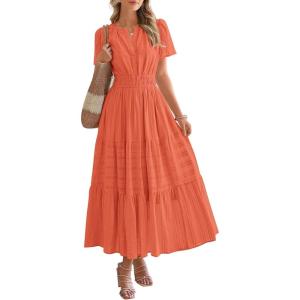 BTFBM Womens Summer 2025 Casual Midi Maxi Dresses Lightweight Short Sleeve V Neck Elastic Waist Boho Beach Dress Pockets(Orange)