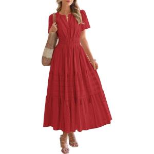 BTFBM Womens Summer 2025 Casual Midi Maxi Dresses Lightweight Short Sleeve V Neck Elastic Waist Boho Beach Dress Pockets(Red)