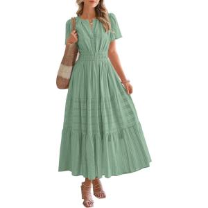 BTFBM Womens Summer 2025 Casual Midi Maxi Dresses Lightweight Short Sleeve V Neck Elastic Waist Boho Beach Dress Pockets(Sage Green)