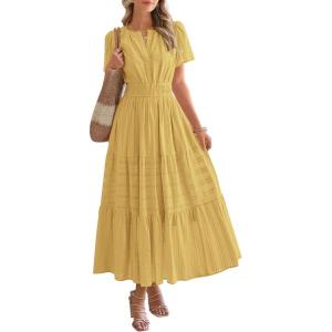 BTFBM Womens Summer 2025 Casual Midi Maxi Dresses Lightweight Short Sleeve V Neck Elastic Waist Boho Beach Dress Pockets(Yellow)