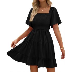 BTFBM Womens Summer Smocked Mini Dress Spring Square Neck Flutter Sleeve Casual Ruffle Swing Boho Beach Dresses Pockets(Black)
