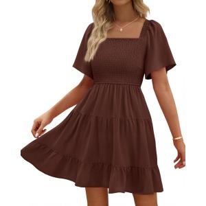 BTFBM Womens Summer Smocked Mini Dress Spring Square Neck Flutter Sleeve Casual Ruffle Swing Boho Beach Dresses Pockets(Brown)