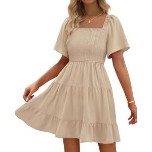BTFBM Womens Summer Smocked Mini Dress Spring Square Neck Flutter Sleeve Casual Ruffle Swing Boho Beach Dresses Pockets(Khaki)