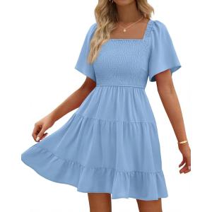 BTFBM Womens Summer Smocked Mini Dress Spring Square Neck Flutter Sleeve Casual Ruffle Swing Boho Beach Dresses Pockets(Light Blue)