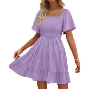 BTFBM Womens Summer Smocked Mini Dress Spring Square Neck Flutter Sleeve Casual Ruffle Swing Boho Beach Dresses Pockets(Light Purple)