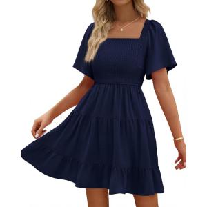 BTFBM Womens Summer Smocked Mini Dress Spring Square Neck Flutter Sleeve Casual Ruffle Swing Boho Beach Dresses Pockets(Navy)