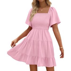 BTFBM Womens Summer Smocked Mini Dress Spring Square Neck Flutter Sleeve Casual Ruffle Swing Boho Beach Dresses Pockets(Pink)