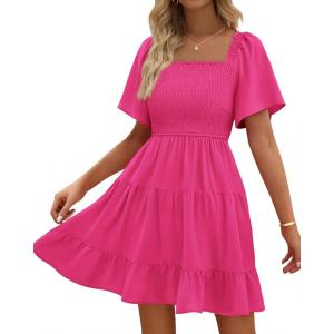 BTFBM Womens Summer Smocked Mini Dress Spring Square Neck Flutter Sleeve Casual Ruffle Swing Boho Beach Dresses Pockets(Rose Red)