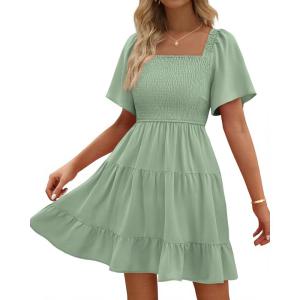 BTFBM Womens Summer Smocked Mini Dress Spring Square Neck Flutter Sleeve Casual Ruffle Swing Boho Beach Dresses Pockets(Sage Green)